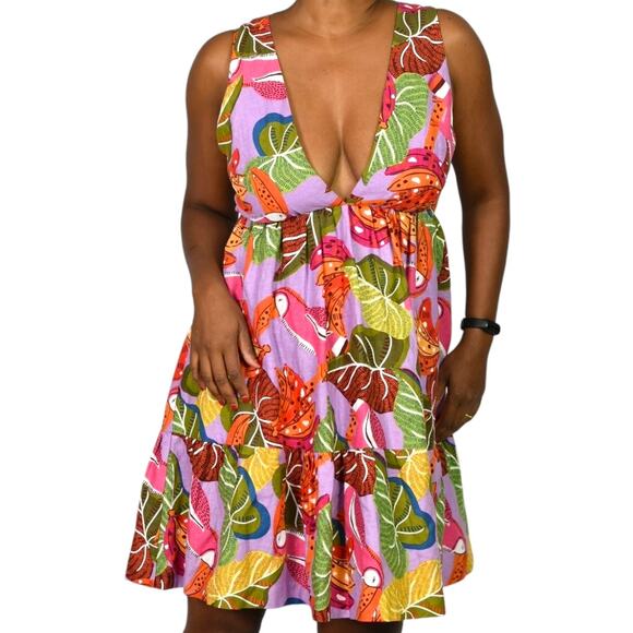 House of Harlow Tropical Print Linen Dress Purple Toucan Open Back Halter XS - Picture 14 of 15